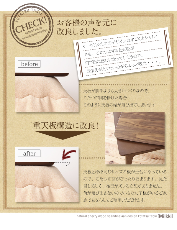 天然木チェリー材 北欧デザインこたつテーブル 【Milkki