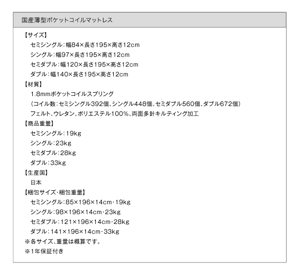 国産薄型ポケットコイルマットレス