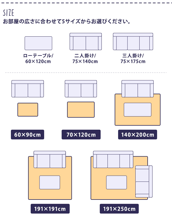 部屋の広さに合わせて5サイズからお選びください。