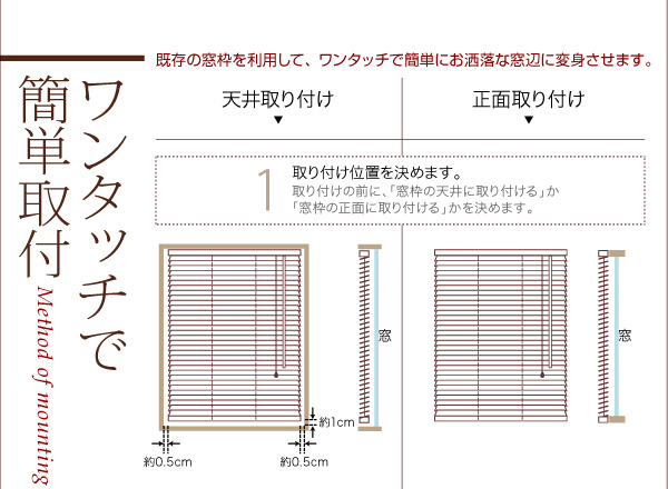 取り付けの前に、「窓枠の天井に取り付ける」か「窓枠の正面に取り付ける」かを決めます。