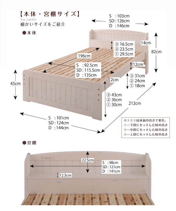 高さが調節できる!宮棚&コンセント付きすのこベッド【Shalotte】シャロット　シングル