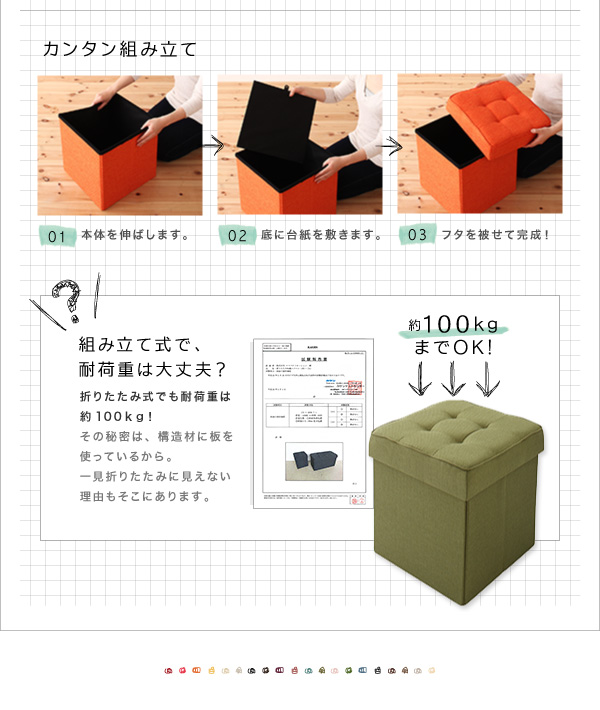 カンタン組み立て01：本体を伸ばします。02：底に台紙を敷きます。03：フタをかぶせて完成！