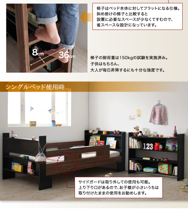 梯子の耐荷重は１５０ｋｇの試験を実施済み。子供はもちろん、大人が毎日昇降するにも十分な強度です。